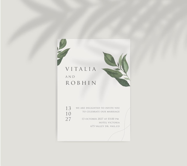 Vector plantilla de invitación de boda con elegante acuarela minimalista de hojas verdes