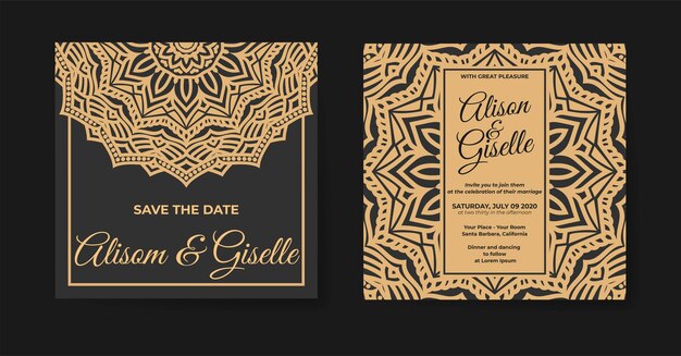 Plantilla de invitación de boda elegante con adorno de diseño de mandala