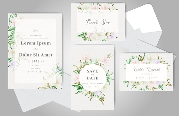 Plantilla de invitación de boda con elegante arreglo floral y hojas