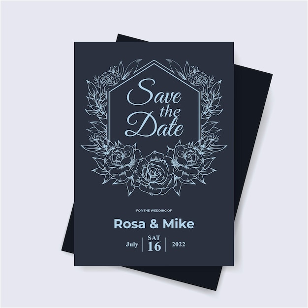 Plantilla de invitación de boda elegante con arte lineal dibujado a mano de flores