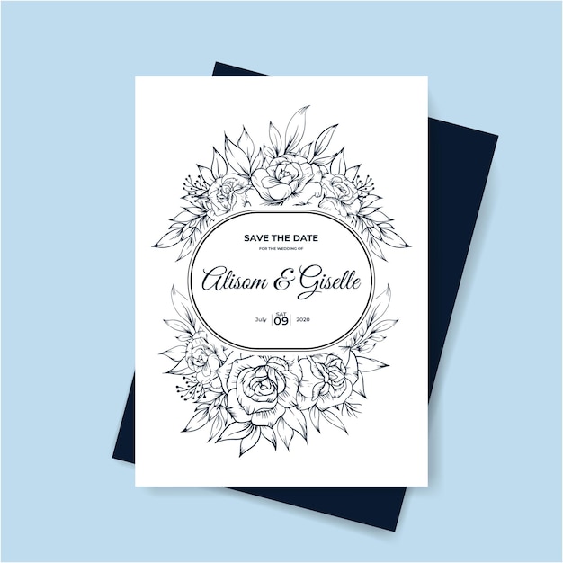 Plantilla de invitación de boda elegante con arte lineal dibujado a mano de flores