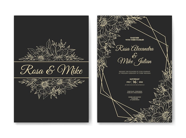 Plantilla de invitación de boda con elegante decoración floral de contorno