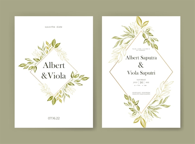 Plantilla de invitación de boda elegante con decoración de hojas de acuarela