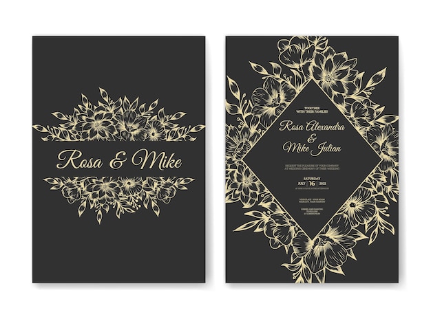 Plantilla de invitación de boda elegante con flor de contorno dorado