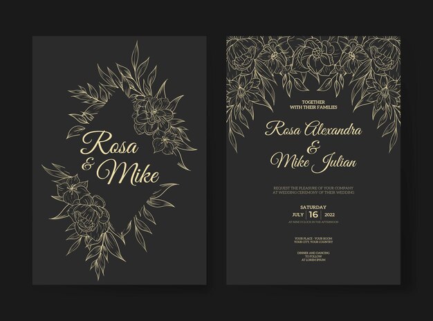Plantilla de invitación de boda elegante flor de contorno