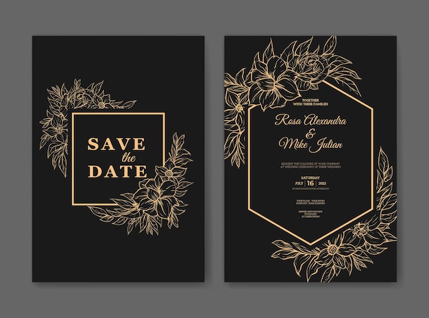 Plantilla de invitación de boda elegante flor de contorno
