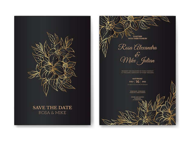 Plantilla de invitación de boda elegante flor de contorno