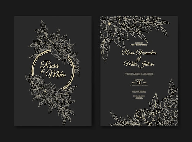 Plantilla de invitación de boda elegante flor de contorno