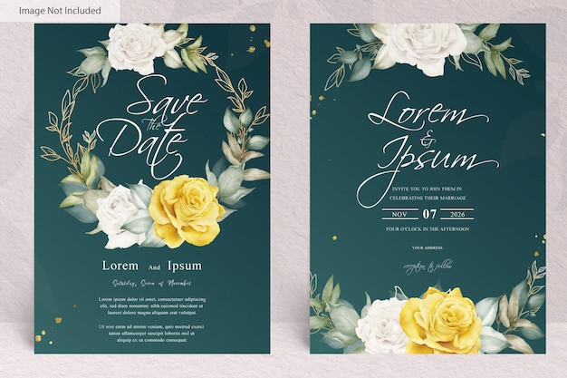 Plantilla de invitación de boda elegante con flores y hojas de acuarela