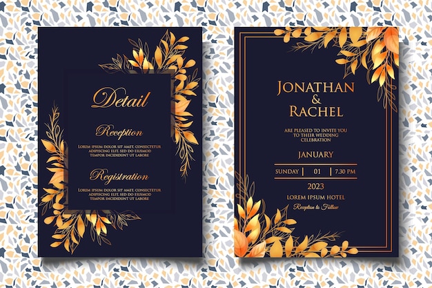 Plantilla de invitación de boda elegante con hermosas hojas florales