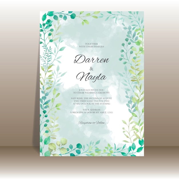 Plantilla de invitación de boda elegante con hojas de acuarela