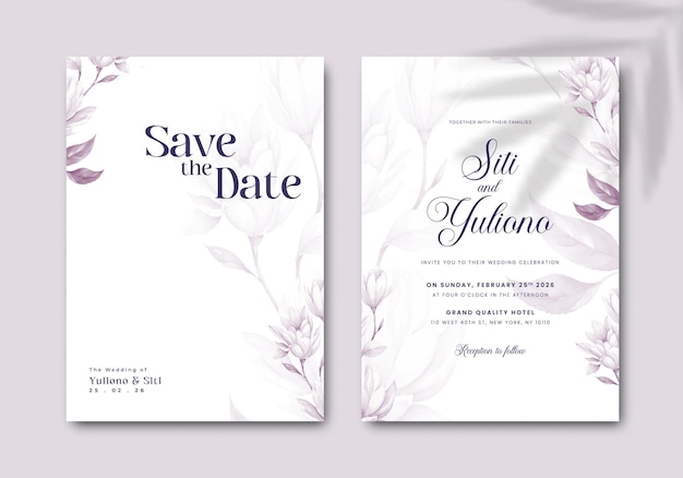 plantilla de invitación de boda elegante con vector premium de acuarela de flores
