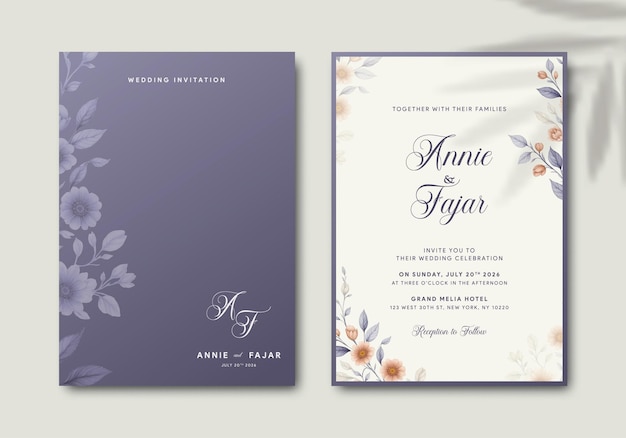 Plantilla de invitación de boda elegante con vector premium de flores