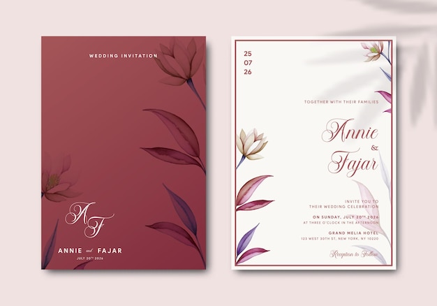 Plantilla de invitación de boda elegante con vector premium de flores