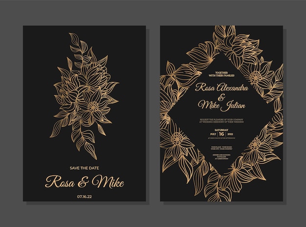 Plantilla de invitación de boda con flor de contorno dorado dibujado a mano