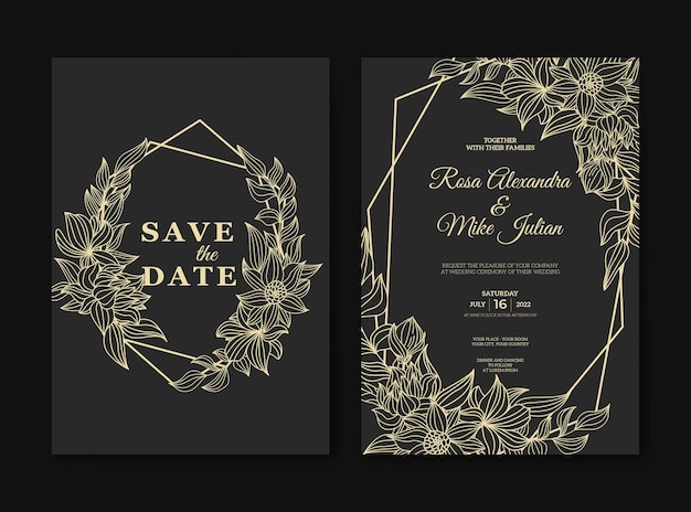 Plantilla de invitación de boda con flor de contorno dorado dibujado a mano