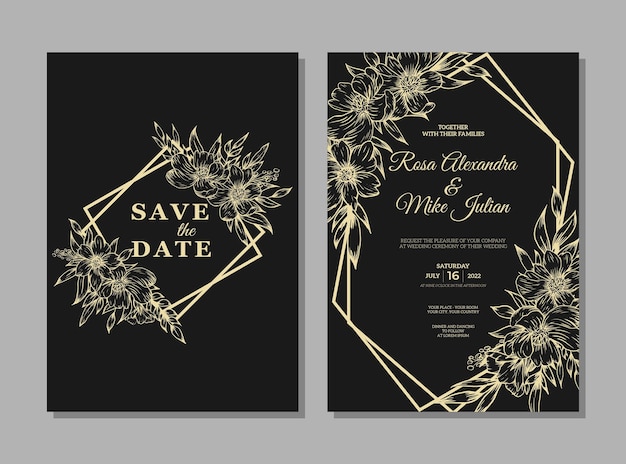 Plantilla de invitación de boda con flor de contorno dorado