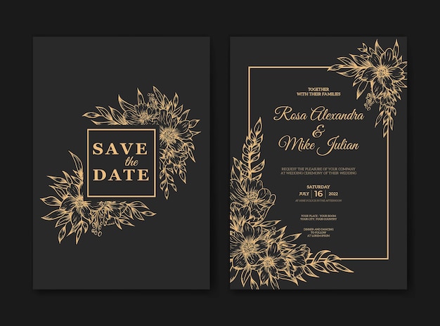 Plantilla de invitación de boda con flor de contorno dorado