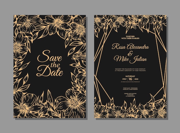 Plantilla de invitación de boda con flor de contorno dorado