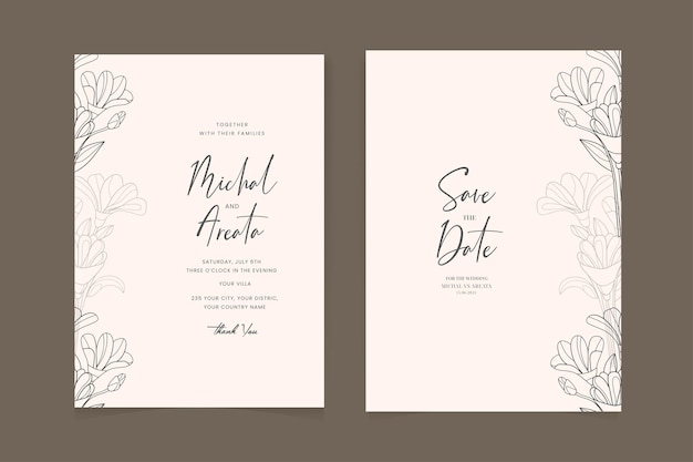 Plantilla de invitación de boda con flor de contorno hermoso