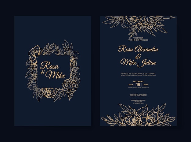 Plantilla de invitación de boda de flor de contorno de lujo