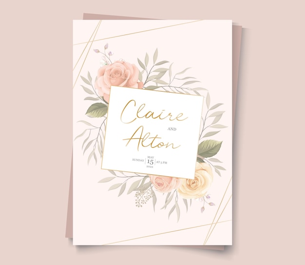 Plantilla de invitación de boda con flor floreciente de color suave