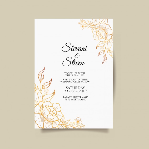 Vector plantilla de invitación de boda con flor de oro