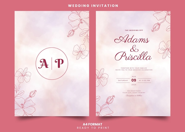 Plantilla de invitación de boda flor rosa dibujada a mano