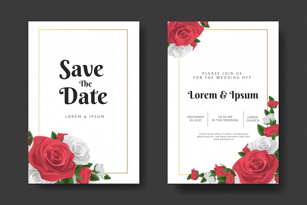 Plantilla de invitación de boda con flor rosa roja y blanca