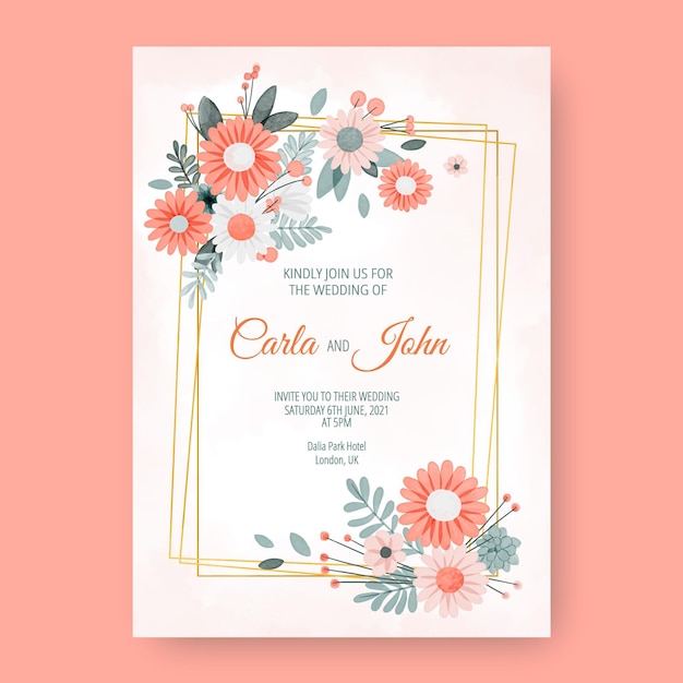 Plantilla de invitación de boda floral acuarela pintada a mano