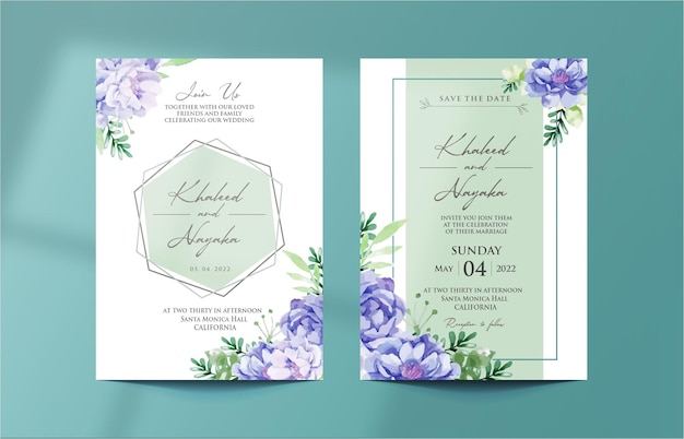 Plantilla de invitación de boda floral acuarela rosa azul