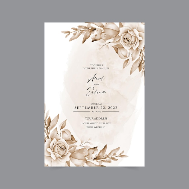 Plantilla de invitación de boda floral en acuarela con rosas