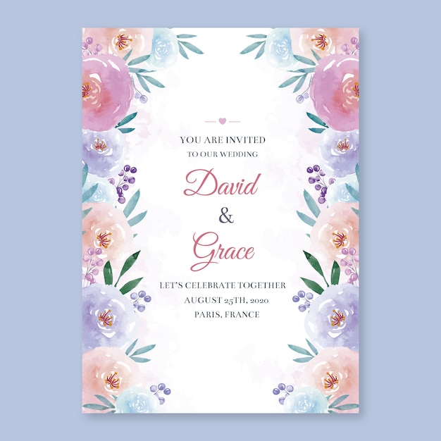 Plantilla de invitación de boda floral en acuarela