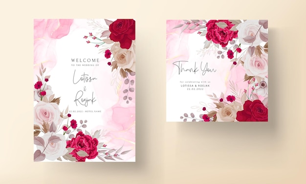 Plantilla de invitación de boda floral con decoración de flores y hojas de rosas marrones y marrones