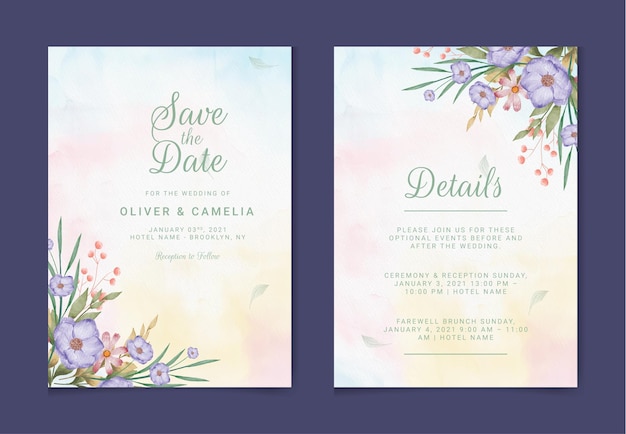 Plantilla de invitación de boda floral con decoración de flores y hojas de rosas marrones y melocotón