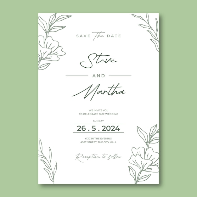 Vector plantilla de invitación de boda floral decoración de hojas orgánicas dibujadas a mano estilo minimalista simple