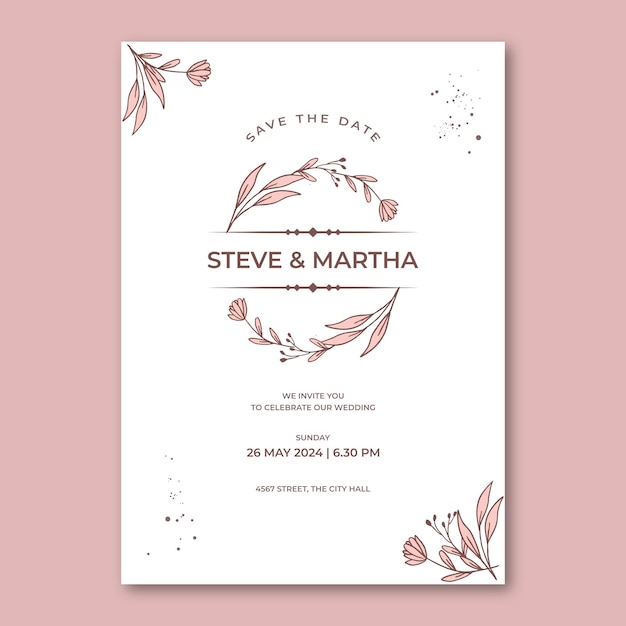 Plantilla de invitación de boda floral decoración de hojas orgánicas dibujadas a mano