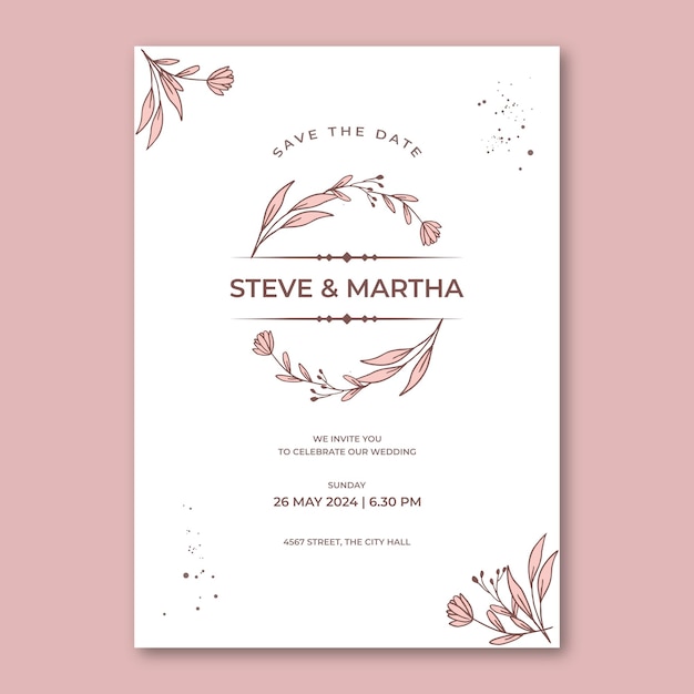 Vector plantilla de invitación de boda floral decoración de hojas orgánicas dibujadas a mano