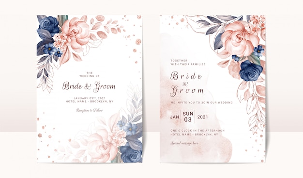 Plantilla de invitación de boda floral con decoración de rosas y hojas de acuarela azul marino y melocotón. concepto de diseño de tarjeta botánica