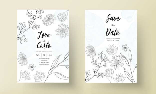 Plantilla de invitación de boda floral dibujada a mano mínima elegante