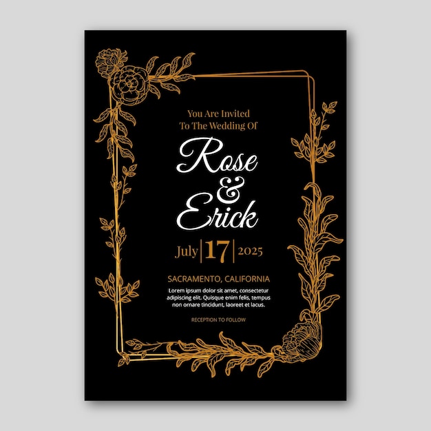 Plantilla de invitación de boda floral dorada degradada