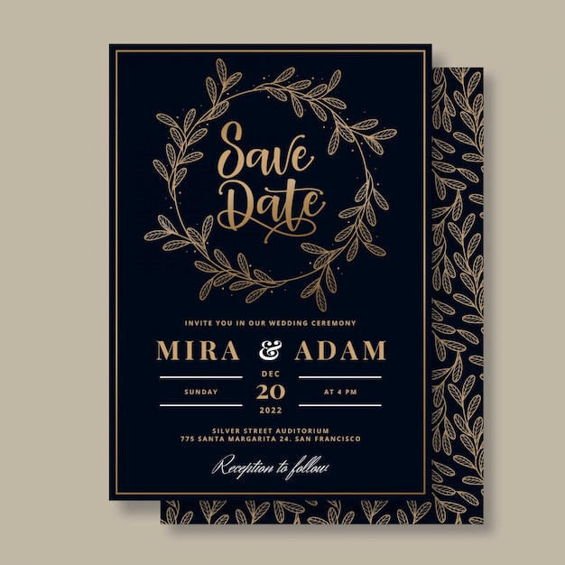 Vector plantilla de invitación de boda floral dorada