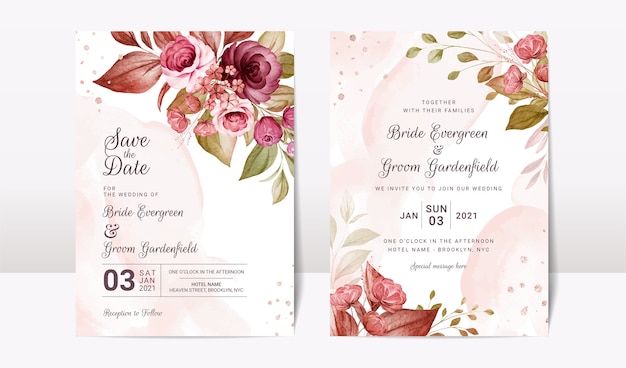 Plantilla de invitación de boda floral con elegante decoración de flores y hojas de rosas burdeos y marrones. concepto de diseño de tarjeta botánica