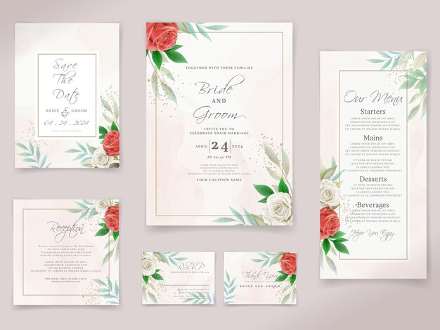 Plantilla de invitación de boda floral con elegante diseño de rosas blancas y rojas