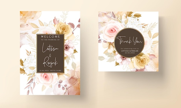Plantilla de invitación de boda floral con elegantes hojas de flores marrones