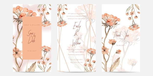 Plantilla de invitación de boda floral con elegantes hojas marrones Pluma floral concepto de begonias desnudas estilo acuarela