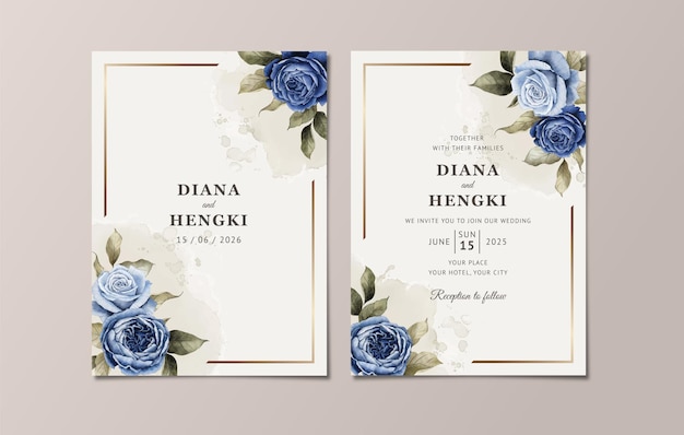 Plantilla de invitación de boda floral con elegantes rosas y hojas de color azul marino