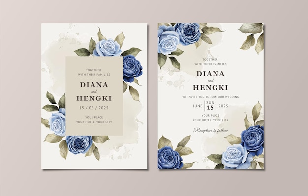 Plantilla de invitación de boda floral con elegantes rosas y hojas de color azul marino