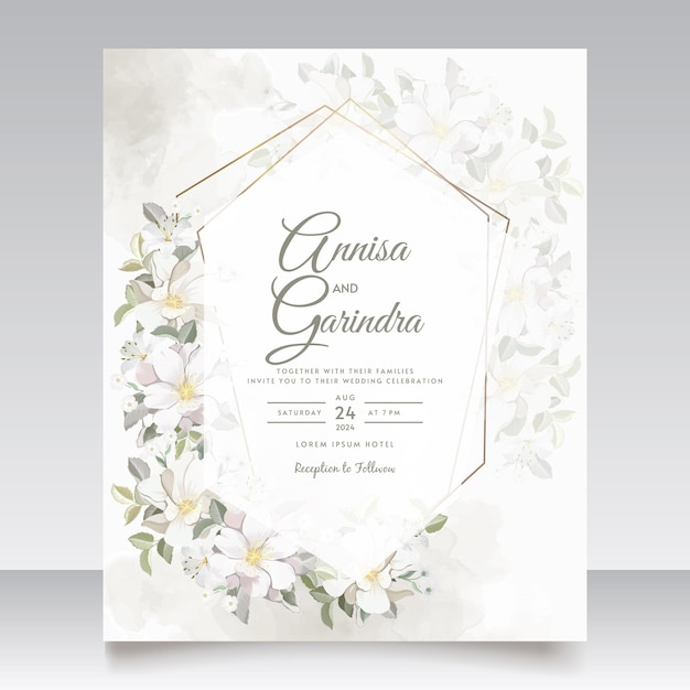 Plantilla de invitación de boda floral con flor blanca y hojas