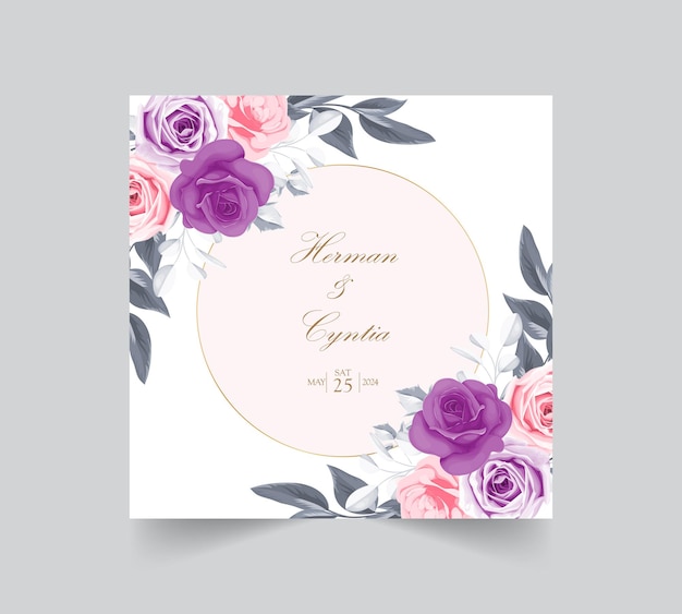 Plantilla de invitación de boda floral con hermosa decoración de flores y hojas